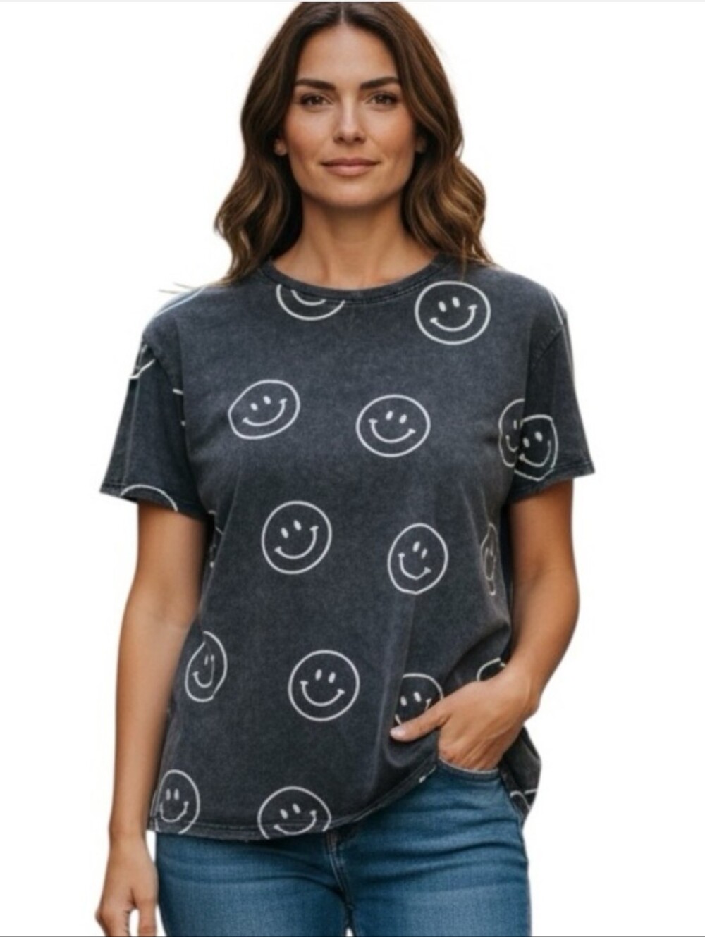 Easel Black Smiley Face Short Sleeve Oversized Tee, NWT